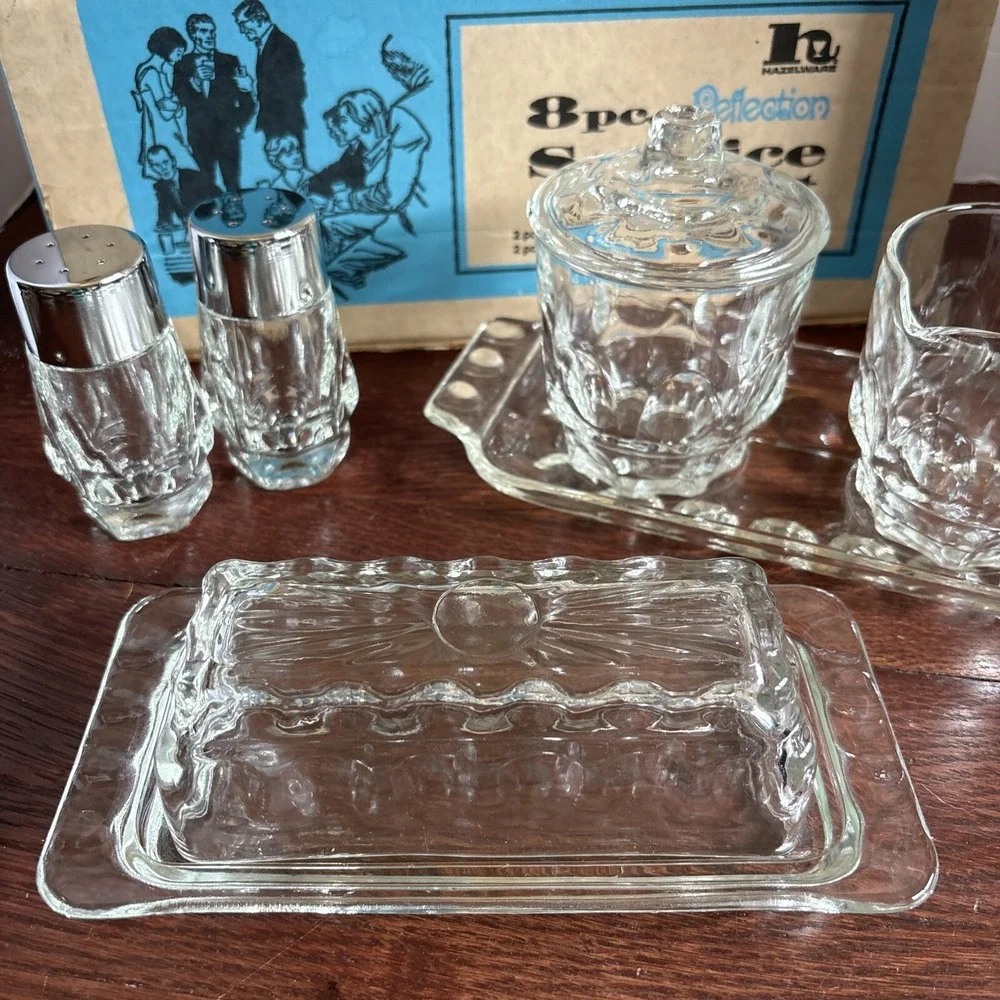 Vintage Hazelware 8 pc. Crystal Table Set In Box S&P, Cream, Sugar, Butter, Tray